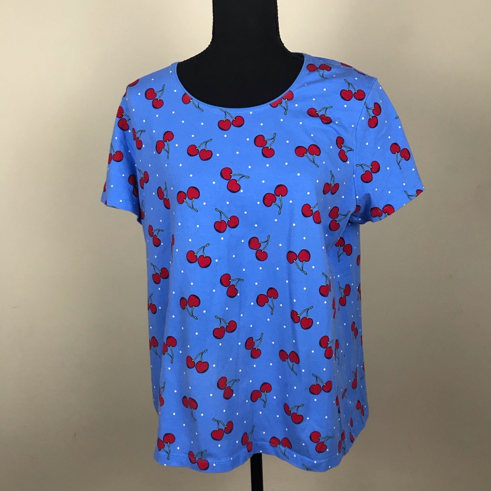 3/$15 Kim Rogers Blue Cherry Print T Shirt PXL
